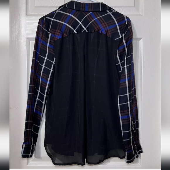 L' AGENCE Denise Plaid Silk S/P Hannel Button Down Shirt Black/ Brown/White - Picture 3 of 14